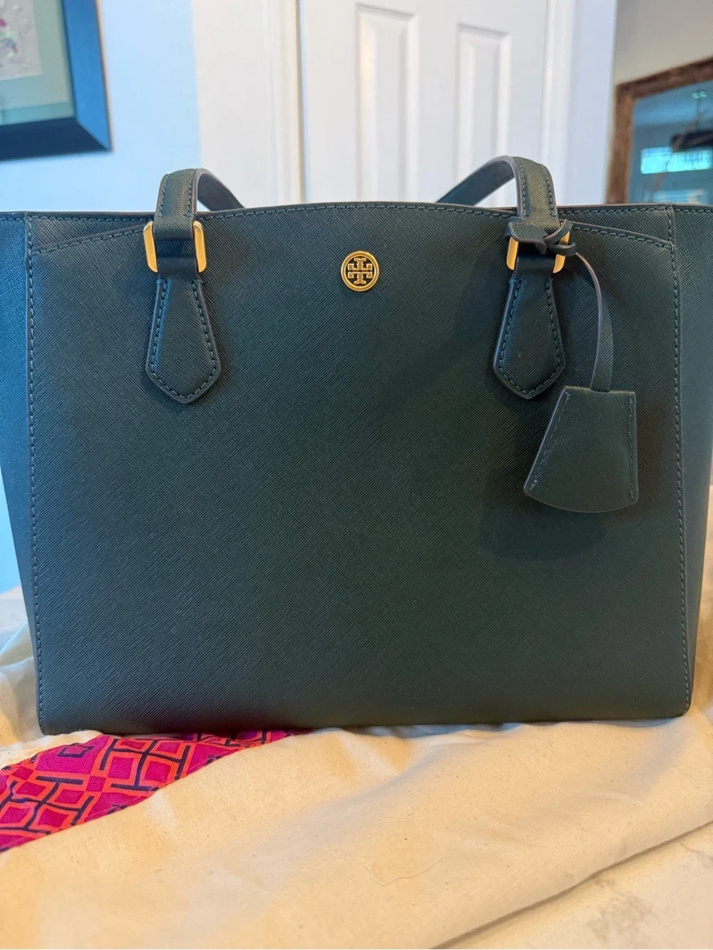 Tory Burch Deep Teal Saffiano Leather Tote with Gold Hardware